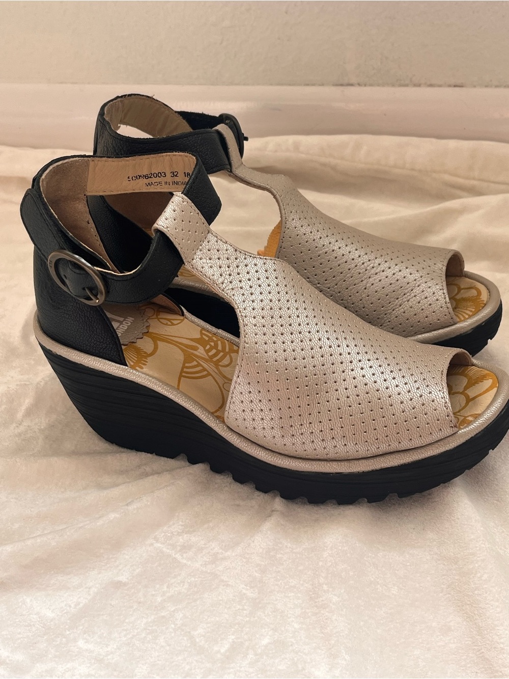 Fly London Metallic Gold $240 Perforated Wedge Sandals with Black Ankle Strap - Picture 3 of 10